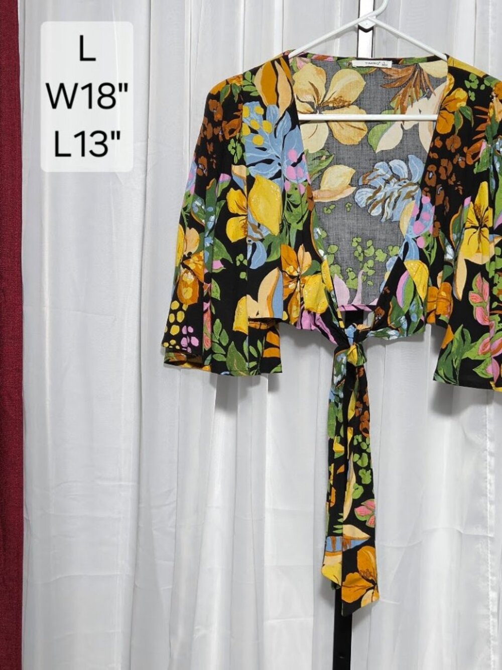 TIMING Large Tropical Floral Tie Front Crop Top Rayon Flutter Sleeve Festival EC